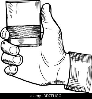 Eine Hand, die ein Glas hält. Die Hand wird stilisiert gezeichnet, die Finger sind ausgebreitet und der Daumen zeigt nach oben Stock Vektor