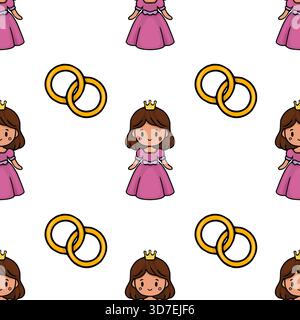 Nahtloses Vektormuster mit niedlichen Zeichentrickprinzessinnen in rosa Kleidern und goldenen Eheringen auf weißem Hintergrund, die ein Gefühl von Märchen wecken Stock Vektor