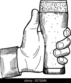 Eine Hand, die ein Glas Bier hält. Die Hand wird stilisiert gezeichnet, die Finger sind ausgebreitet und der Daumen zeigt nach oben Stock Vektor