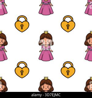 Nahtloses Vektormuster mit niedlichen Zeichentrickprinzessinnen in rosa Kleidern und goldenen herzförmigen Vorhängeschlössern mit Schlüssellöchern. Stock Vektor