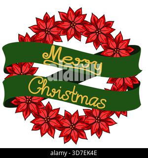 Festliche Vektor-Illustration mit einer kreisförmigen Anordnung von leuchtenden roten Weihnachtsstern, die ein tiefgrünes Band mit elegantem goldenem Schriftzug Th umgeben Stock Vektor