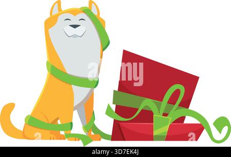 Eine Katze sitzt auf einer roten Kiste mit grünen Bändern, die um sie gebunden sind. Die Katze lächelt und ist begeistert von dem Geschenk in der Schachtel Stock Vektor