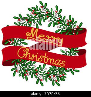 Festlicher Weihnachtskranz mit Mistelzweigen und einem roten Band-Banner mit „Merry Christmas“ in elegantem Gold-Schriftzug, Vektor-Illustration. Stock Vektor