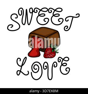 Skurrile Vektor-Illustration eines Schokoladenbonbons mit strömender roter Füllung und einer frischen Erdbeere, begleitet von einer eleganten Schriftbuchstabe ' Stock Vektor