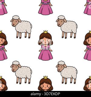 Ein bezauberndes, nahtloses Vektor-Muster mit entzückenden Cartoon-Prinzessinnen in rosa Kleidern und flauschigen Schafen, perfekt für skurrile Kinderdesigns. Stock Vektor