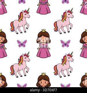 Nahtloses Vektormuster mit niedlichen Zeichentrickprinzessinnen mit rosa Kleidern, skurrilen Einhörnern mit Regenbogenmähnen und zarten lila Schmetterlingen Stock Vektor