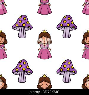 Skurriles nahtloses Vektormuster mit niedlichen Prinzessinnen in rosa Kleidern und violetten Pilzen mit Polka-Punktmuster, perfekt für Kinder Themen. Stock Vektor