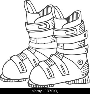 Zwei schwarze Skischuhe mit Riemen. Die Stiefel werden nicht verwendet Stock Vektor