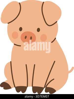 Niedliches Cartoon-Ferkel, das mit runden Wangen sitzt. Entzückende flache Bauernhof-Tier-Vektor-Illustration für Kinder Designs und Bildung Stock Vektor