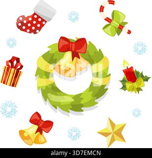 Ein Kranz mit Glocken und einem Zuckerrohr ist von anderen Weihnachtsdekorationen umgeben. Der Kranz ist grün und hat rote Bögen Stock Vektor