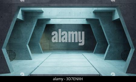 Kaltes, leeres und kantiges Innere eines futuristischen Betonkorridors, Tunnels oder Showrooms mit geometrischen architektonischen Elementen. 3D-Rendering. Stockfoto