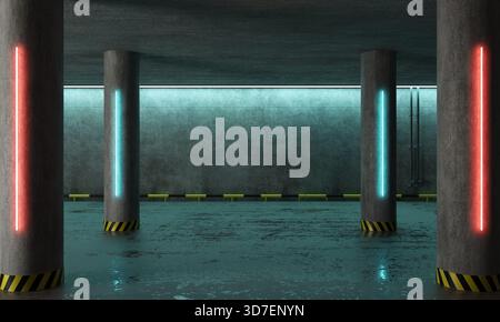 Dunkle, stimmungsvolle Tiefgarage mit nassem Boden und Betonsäulen, beleuchtet von leuchtenden roten und zyanblauen Neonröhren. 3D-Rendering. Stockfoto
