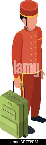 Ein Mann in roter Uniform hält einen grünen Koffer. Er trägt eine rote Jacke und einen roten Hut. Das Bild hat ein professionelles und formelles Gefühl Stock Vektor