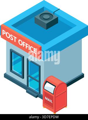 Ein Postgebäude mit einem roten Briefkasten davor. Das Gebäude ist weiß und blau Stock Vektor
