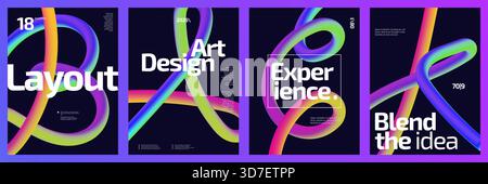 Modernes und minimalistisches Poster-Set mit bunten Wellenlinien im 3D-Farbverlauf. Vorlagen für kreative Cover, Poster oder Flyer Stock Vektor