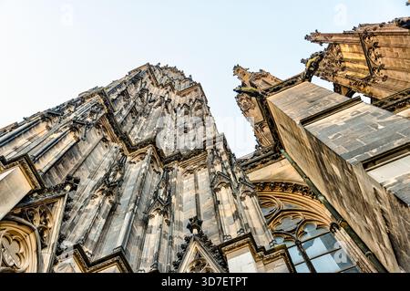 Gotische Skulpturenfiguren in die Fassade des Kölner Doms in Köln. Stockfoto