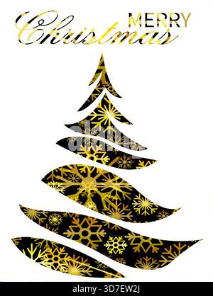 Diese Vektor-Illustration zeigt einen stilvollen Weihnachtsbaum, der mit goldenen Schneeflocken und einer fröhlichen frohen Weihnachtsbotschaft geschmückt ist. Perfekt für den Urlaub Stock Vektor