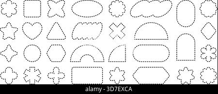 Gestrichelte Linien, Rahmen, Kreise und Quadrate. Einfache geometrische Umrissformen für Coupons, Tags und dekorative Elemente im Vektorformat. Stock Vektor