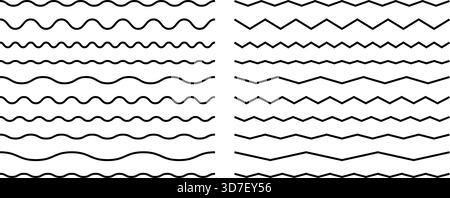 Wellwellensammlung mit Sinuskurven. Horizontale Zickzack-Muster mit Amplitudenvariationen, schnörkeligen Linien und welligen grafischen Elementen. Stock Vektor