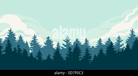 Landschaft Panorama Vektor Illustration mit Wäldern und Bergen. Silhouetten von Bäumen und Hügeln. Abenteuer und Reisen. Stock Vektor