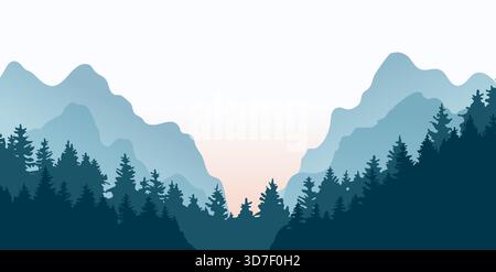 Landschaft Panorama Vektor Illustration mit Wäldern und Bergen. Silhouetten von Bäumen und Hügeln. Abenteuer und Reisen. Stock Vektor