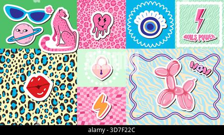 Preppy Y2K-Aufkleber. Niedliche mädchenhafte Ikonen, Ballonhund, Leopardendruck, Blitz, böses Auge, Herz und Planet, Lippenstiftkuss und Vorhängeschloss. Psychedelic Stock Vektor