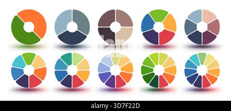 Infografik des Tortendiagramms. Segmentiertes Ringdiagramm, aufgeschnittene Ringringe und kreisförmiges Farbrad für Geschäftspräsentationen, Berichte und Datenvisualisierungen Stock Vektor
