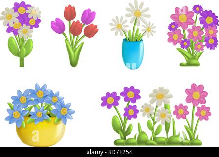 Cartoon 3D Blumen. Sommergartenpflanze, Blumenstrauß im Blumentopf und Vase, süße Ton-Gänseblümchen und Tulpen, Blätter und Gras. Realistisch plastisch blühende Blume Stock Vektor