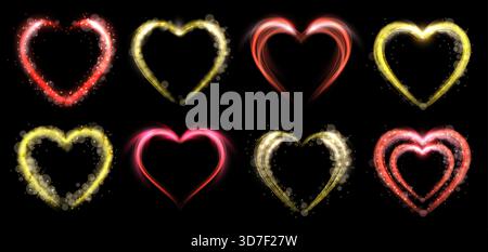 Magisch glühende Herzen. Love Line Glüh-Symbol und Glitzer, heller Herz-Neonrahmen mit Glitzer. Luxuriöse romantische Dekoration zum Valentinstag. Vektorsatz Stock Vektor