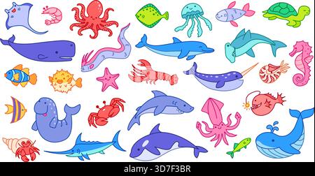 Zeichentrickfilme Meerestiere. Handgezogene Wale, Haie und Delfine, Kraken und Fische, Schildkröten und Krabben, Hummer und Tintenfische, Quallen und Narwal süßes Meer Stock Vektor