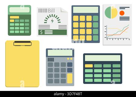 Einfaches Set mit Taschenrechner, Energierechnungen und Farbdiagramm. Flache Abbildung. Stock Vektor
