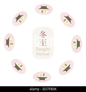 Asiatische Wintersonnenwende flacher Rahmen. Vektorsymbole mit Haus. Text Dongzhi Festival Stock Vektor