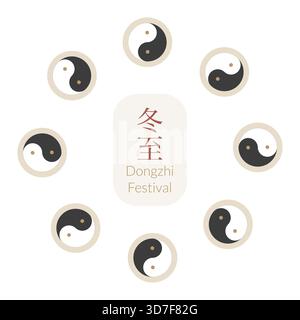 Die Symbole der warmen Wintersonnenwende sind im Rahmen. Dongzhi-Feiertagssymbole in flachem, minimalistischem Stil. Vektorillustration für Banner, Karten. Text Dongzhi Festival Stock Vektor