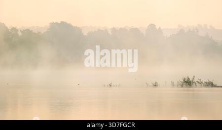 Weicher pastellfarbener Sonnenaufgang über Nebel, der vom Blagdon Lake an einem Frühlingsmorgen aufsteigt, Somerset, England, UK. Panoramabild Stockfoto
