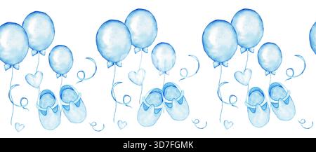 Bezaubernde blaue Babydusche mit nahtlosem Rand mit Ballons und Schuhen für Einladungen und Dekorationen. Aquarellillustration für Gender Reveal Party, BA Stockfoto