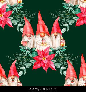 Wunderbares nahtloses Muster mit Weihnachtszwergen mit roten Hüten, hellen Weihnachtskugeln und Wintergrün. Ideal für festliche Verpackungen, Geschenkverpackungen Stockfoto