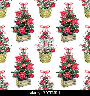 Nahtloses Aquarellmuster mit dekorativen Mini-Weihnachtsbäumen mit roten Ornamenten, Bögen und Weihnachtsdekorationen. Perfekt für festliche Geschenkverpackungen, Stoff Stockfoto