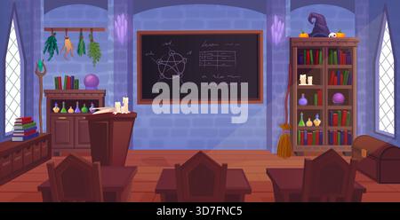 Inneneinrichtung der Zauberschule. Zauberer-Klassenzimmer-Cartoon-Szene. Vektorabbildung Stock Vektor