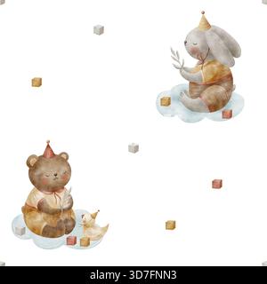 Muster niedliche Tiere, Bär, Kaninchen, die auf Wolken sitzen, Vintage-Spielzeug, Würfel. Handgezeichnete Aquarellillustration im kindlichen Stil. Druck isoliert von Stockfoto