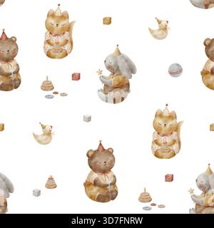 Muster Vintage Tiere, Teddybär Fuchs Kaninchen Ente, Spielzeugpyramide. Handgezeichnete Aquarellillustration im kindlichen Stil. Nahtloser Druck Stockfoto