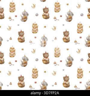 Muster Vintage Tiere, Teddybär Fuchs Kaninchen Ente, Spielzeugpyramide. Handgezeichnete Aquarellillustration im kindlichen Stil. Nahtloser Druck Stockfoto