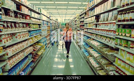 Der Einkaufsbummel durchstöbert den hell beleuchteten Lebensmittelbereich mit Müsli, Dosenwaren und Vorratsküchen. Stockfoto