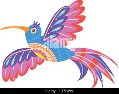 Fliegender Vogel im Aliebrije-Stil. Buntes mexikanisches Motiv isoliert auf weißem Hintergrund Stock Vektor