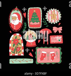 Rahmen Weihnachten Vektor Elemente mit Santa Claus Baum Geschenke Strümpfe Bögen und Dekorationen Set Stock Vektor