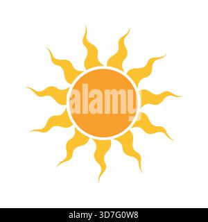 Ein helles, stilisiertes Sonnenvektorsymbol mit einem kreisförmigen orangefarbenen Zentrum und dynamischen gelben, flammenartigen Strahlen. Stock Vektor