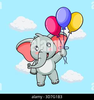 Niedlicher Baby-Elefant, der mit bunten Ballonen fliegt Vektor-Illustration isolierter Cartoon Kawaii-Entwurf Stock Vektor