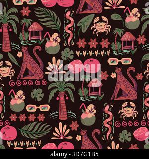 Strand Sommer Vektor nahtlose Muster tropische Tiere Palmen Blätter Früchte Krabbe Hütte Dschungel Stock Vektor