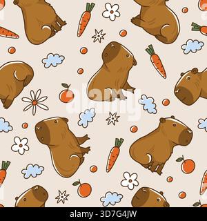 Niedliches Capybara-Muster mit Karotten und Blumen im verspielten nahtlosen Vektor-Design Stock Vektor