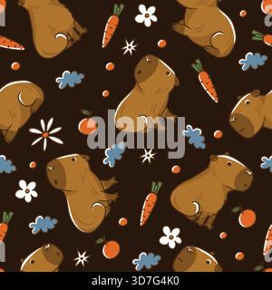 Niedliches Capybara-Muster mit Karotten und Blumen im verspielten nahtlosen Vektor-Design Stock Vektor