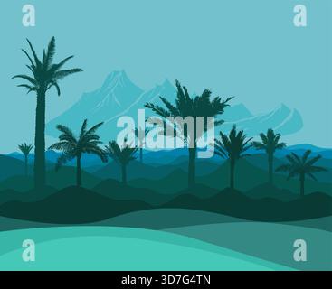 Landschaft mit Bergen und Palmen. Handzeichnung. Kein AI-Vektor Stock Vektor